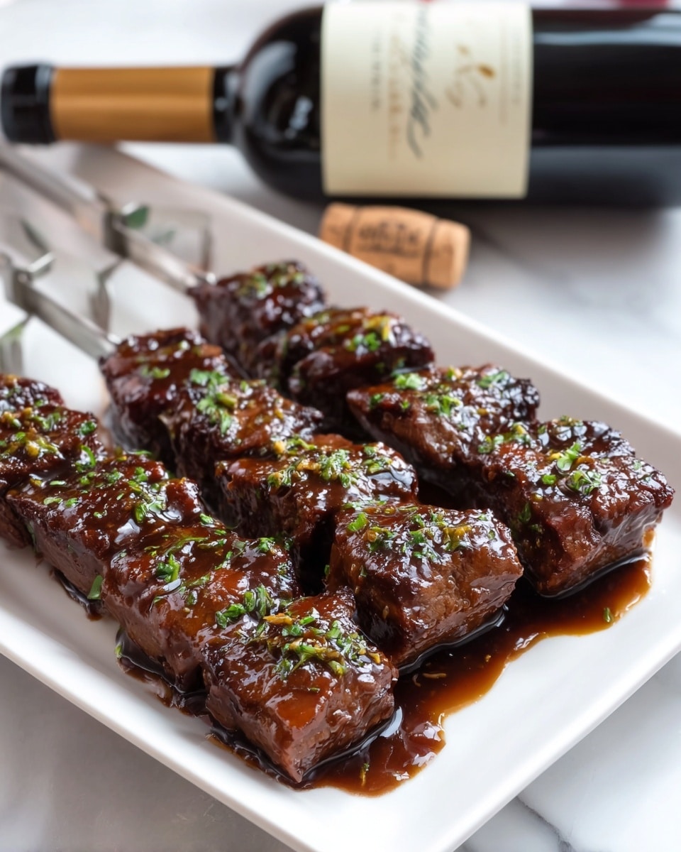 There are four metal skewers laid side by side on a white rectangular plate, each holding thick cubes of grilled meat covered in a glossy dark brown sauce. The sauce glistens under the light, giving the meat a shiny look. Small green chopped herbs are sprinkled evenly on top of all the skewers, adding a fresh touch of color. The plate rests on a white marbled surface, with a wine cork and a bottle of red wine lying behind it, slightly out of focus. The details show the rich texture of the meat and the sauce’s smooth coating. photo taken with an iphone --ar 4:5 --v 7