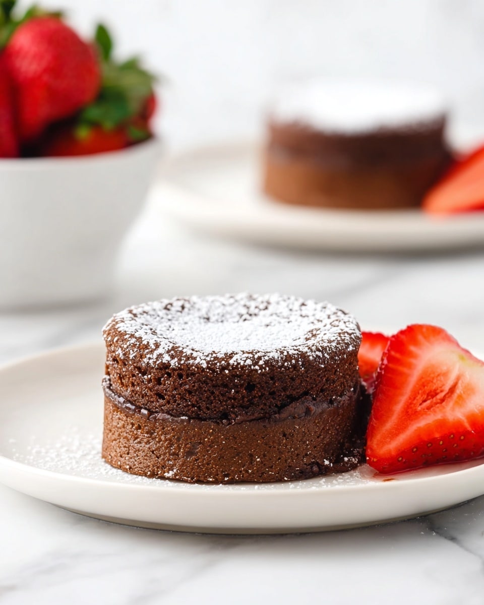 A small, round chocolate cake with two visible layers: a lighter brown bottom layer with a slightly crusty texture and a darker, moist top layer sprinkled lightly with white powdered sugar, sits centered on a smooth white plate. Beside the cake, there is a bright red strawberry sliced thinly but kept together, adding a fresh and vibrant contrast. In the soft-focused background, there is a white bowl filled with whole strawberries, and another similar chocolate cake slightly out of focus on the white marbled textured surface. photo taken with an iphone --ar 4:5 --v 7