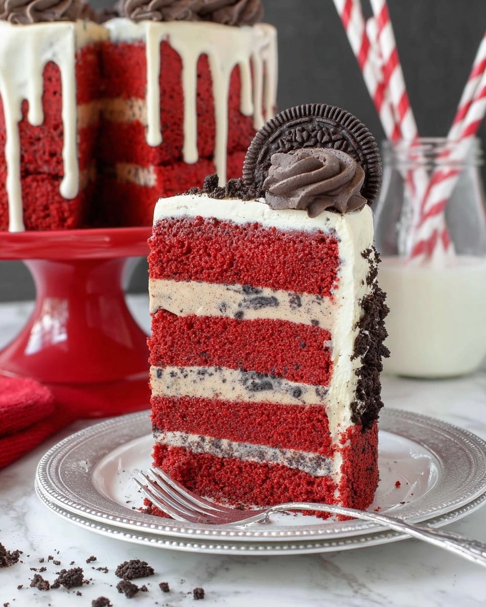 The image shows a tall slice of red velvet cake with three bright red layers separated by two thick, light brown cream layers. The top of the slice has a smooth white frosting with dark cookie crumbs sprinkled over it. A swirl of dark chocolate cream sits on top, holding half a chocolate sandwich cookie. The slice is on a white plate with a silver rim that has some cookie crumbs scattered around, and a fork lies next to it. In the background, the rest of the cake is visible on a red cake stand, showing the same red and brown layers with white frosting dripping down the sides. The setting is on a white marbled surface with a glass bottle of milk and paper straws next to it. photo taken with an iphone --ar 4:5 --v 7