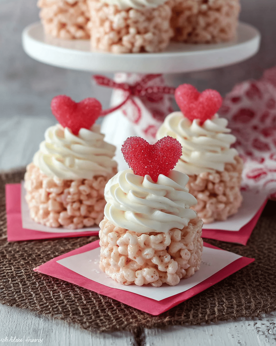 The image shows three small treats shaped like cupcakes, made with light pink puffed rice cereal pressed tightly to form the base. On top of each base is a thick swirl of creamy white frosting with smooth, soft texture. Each swirl is crowned with a small red heart-shaped candy covered in sugar crystals, adding a bright pop of color. The treats sit on square pieces of white parchment paper, resting on a pink napkin over a brown textured mat. In the background, there is a white cake stand holding more of these treats, with a cloth tied around it that has red and white patterns. The whole scene is on a white marbled surface, and the lighting highlights the sugary coatings and the delicate frosting details. photo taken with an iphone --ar 4:5 --v 7