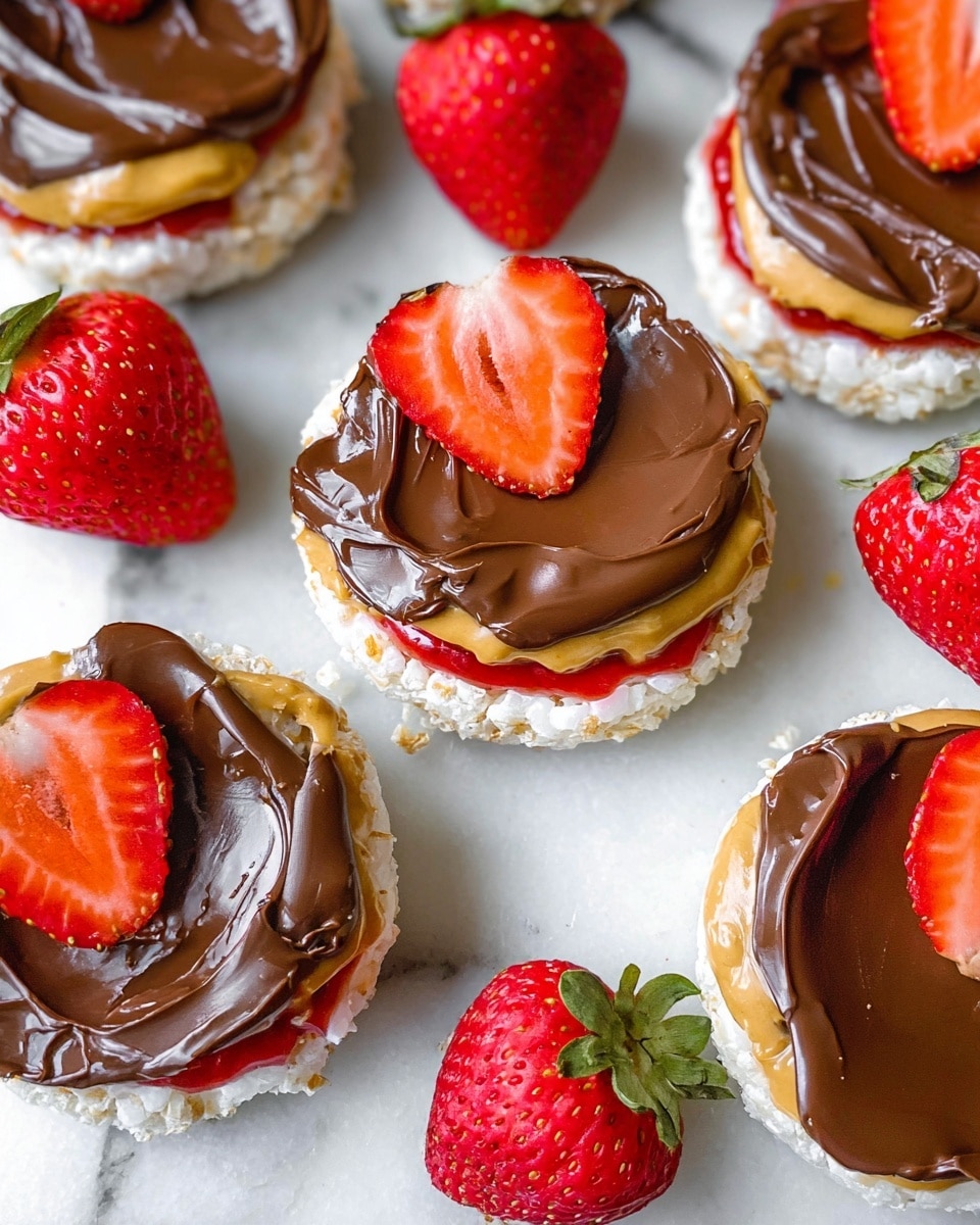 Several round rice cakes are laid out on a white marbled surface, each with three visible layers: the bottom white, puffy rice cake base, a middle layer of bright red strawberry spread, and a smooth golden peanut butter layer partly covered by a generous swirled layer of shiny dark chocolate on top. Scattered between the rice cakes are fresh whole strawberries with green leafy tops, adding a fresh, red contrast to the soft and glossy textures on the cakes. photo taken with an iphone --ar 4:5 --v 7