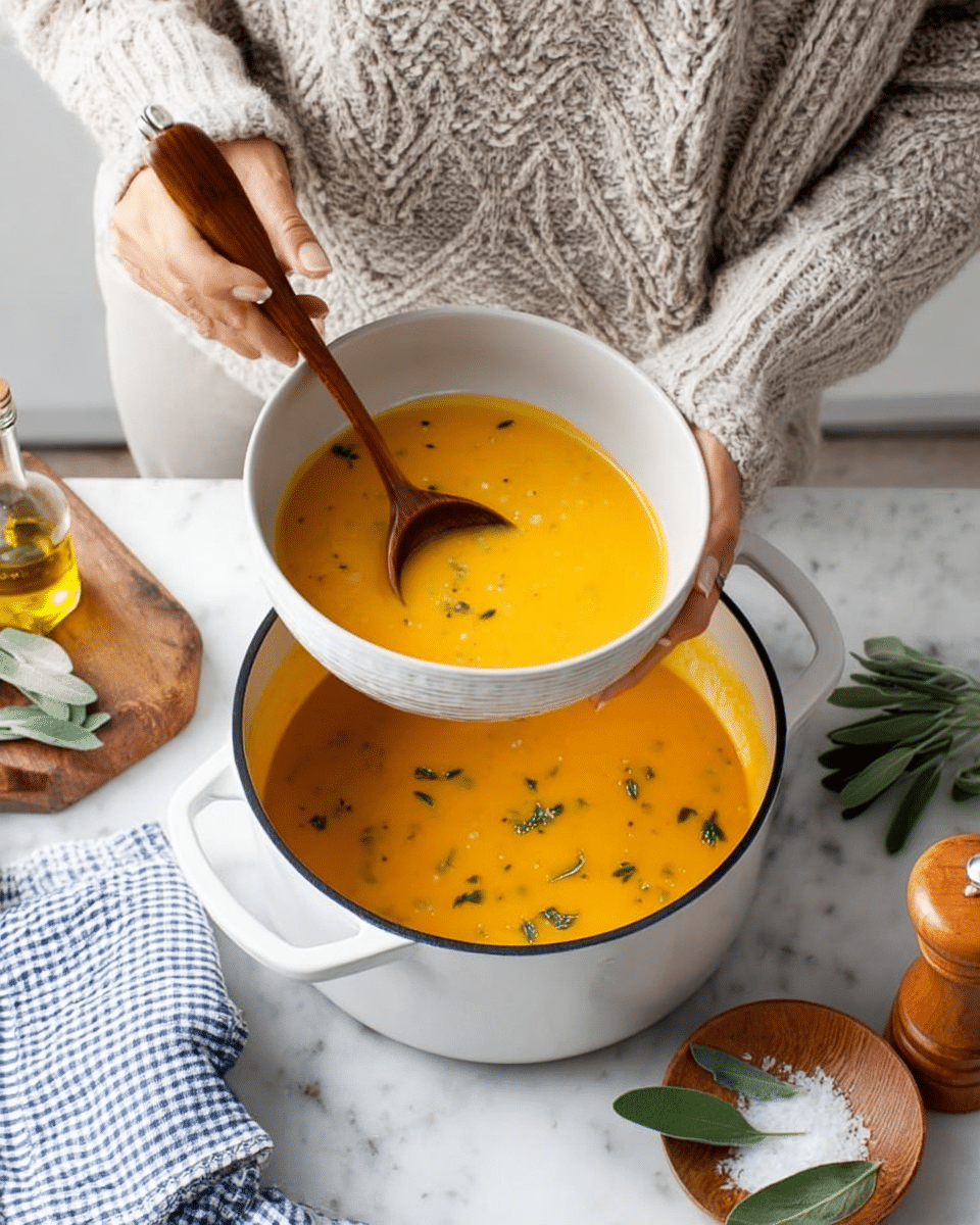 A woman’s hand holds a small ladle dipped in bright orange soup with green herb pieces, pouring it into a white bowl held by the other woman’s hand. The soup appears smooth and creamy with visible bits of green herbs scattered on top. The bowl is positioned above a white pot filled with the same soup, which sits on a white marbled surface. Next to the pot, there is a folded blue and white checkered cloth, a wooden bowl with coarse salt, a few fresh green sage leaves, a small glass bottle with oil, and a wooden pepper grinder on the side. The woman is wearing a light gray knitted sweater with intricate patterns. Photo taken with an iphone --ar 4:5 --v 7