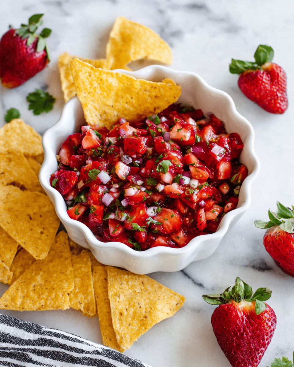 A white scalloped bowl sits on a white marbled surface, filled with a bright red strawberry salsa made of chopped strawberries, small green pieces of jalapeño, bits of purple onion, and flecks of fresh green cilantro mixed throughout. A single yellow corn chip is placed standing upright on one side of the salsa inside the bowl. Around the bowl, more yellow corn chips are scattered loosely, and several whole and halved red strawberries with green tops lie nearby. A black and white striped cloth is partially visible in the lower left corner. photo taken with an iphone --ar 4:5 --v 7