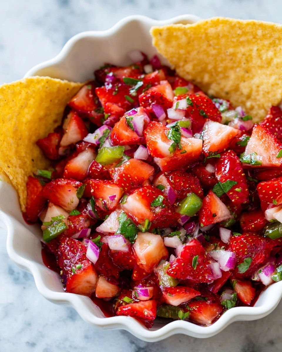 The image shows a close-up of a white scalloped bowl filled with a colorful strawberry salsa. The salsa has chopped red strawberries, green bell peppers, small pieces of red onion, and bits of cilantro mixed together, creating a vibrant mix of red, green, and purple colors. A golden chip is partially dipped into the salsa, resting against the side of the bowl. The bowl sits on a white marbled surface. photo taken with an iphone --ar 4:5 --v 7