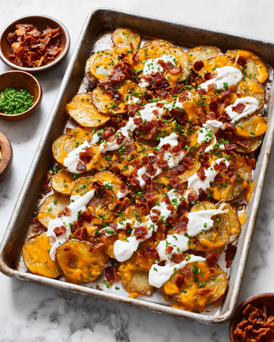 A metal tray filled with a single layer of round, crispy potato slices that are golden brown with some darker edges, topped with an even layer of melted orange cheddar cheese sauce. Over the cheese, white sour cream is drizzled in uneven dollops across the entire tray. Small, crispy pieces of reddish-brown bacon bits are scattered generously on top, along with a sprinkle of finely chopped green chives. The tray is set on a white marbled surface with small wooden bowls of extra bacon and chives nearby. photo taken with an iphone --ar 4:5 --v 7