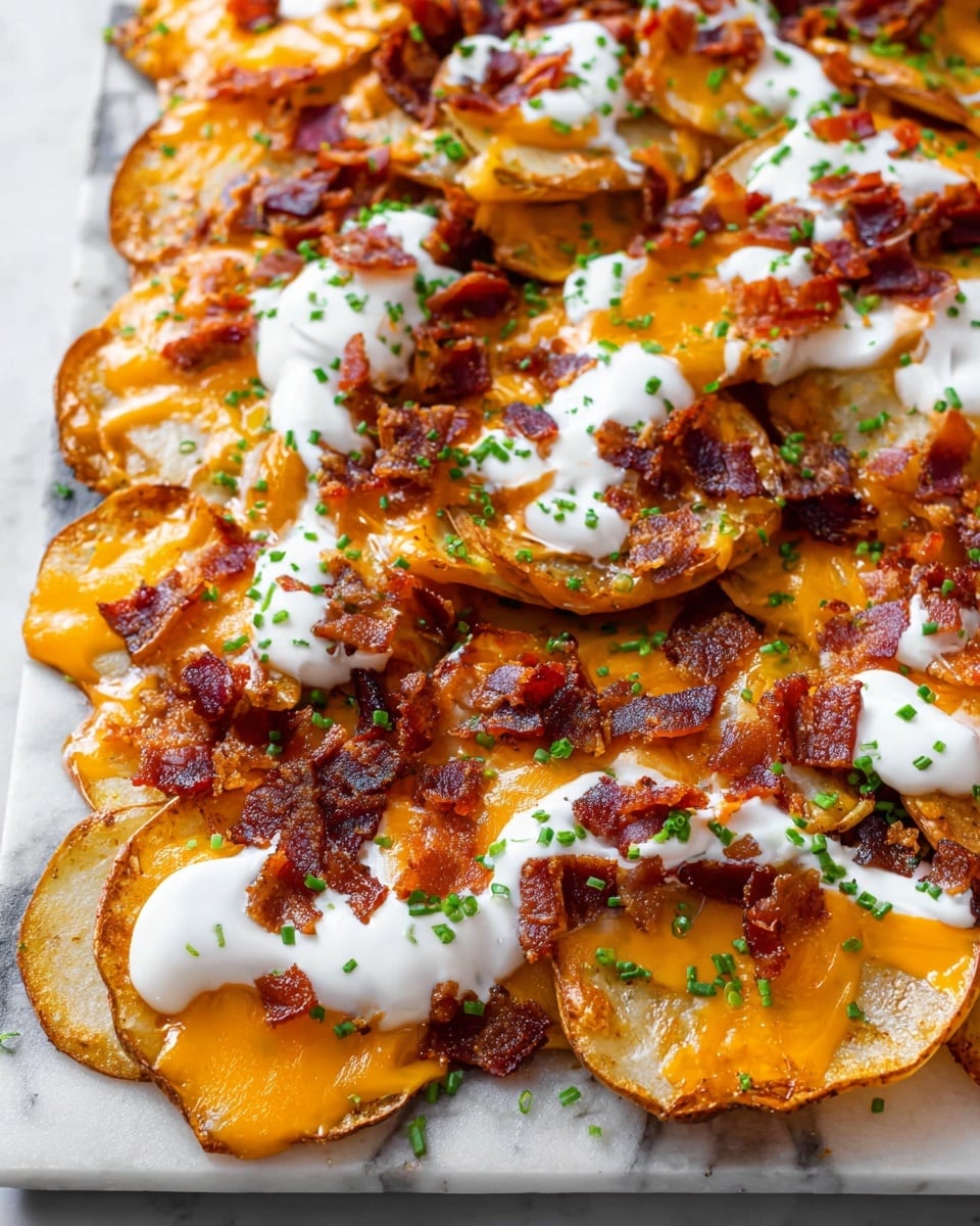 A layered dish of round, crispy potato slices forms the base, each piece golden brown with slightly darker edges, spread thickly across a white marbled surface. Melted cheddar cheese with a rich, deep orange color blankets most of the potato slices, melting smoothly and pooling slightly on the edges. Scattered generously on top are bits of dark red, crispy bacon pieces adding texture and color contrast. White sour cream is drizzled unevenly over the entire dish, with a creamy thick texture and soft folds. Tiny, bright green chopped chives are sprinkled sparingly across the top, adding a fresh pop of color throughout the layers. photo taken with an iphone --ar 4:5 --v 7