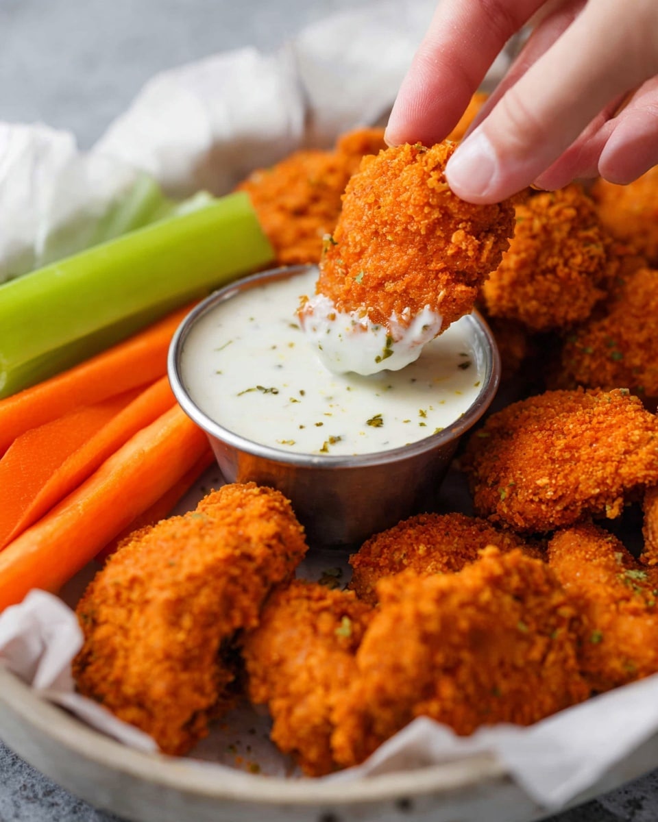 A close-up of several crispy, orange-brown fried chicken pieces arranged on white paper inside a white plate with a white marbled surface underneath, along with fresh bright orange carrot sticks and light green celery sticks placed side by side at the back of the plate; a woman's hand is dipping one piece of chicken into a round metal cup filled with creamy white ranch sauce that has small specks of herbs, showing the sauce coating the bottom edge of the chicken piece. photo taken with an iphone --ar 4:5 --v 7