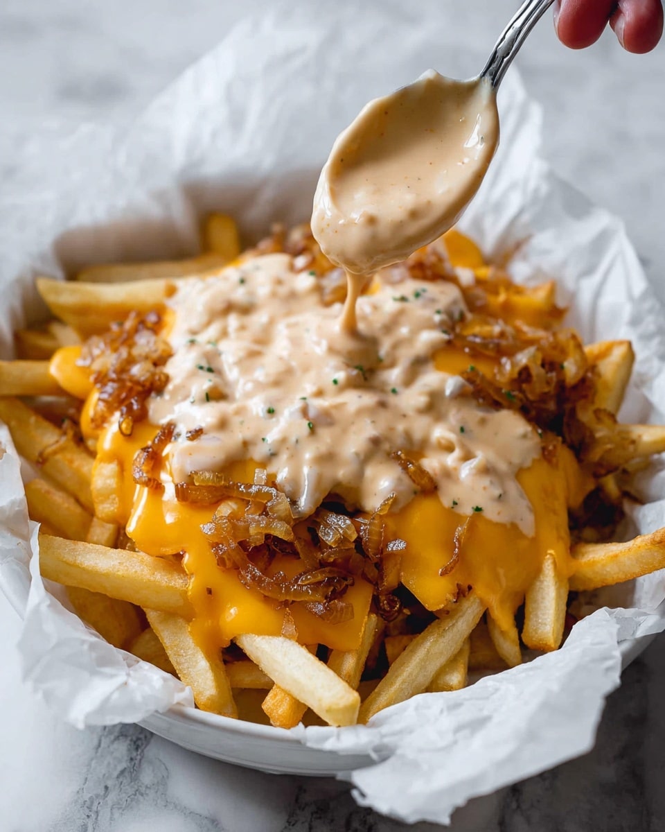 A white bowl lined with crumpled white paper contains a layered dish starting with a base of golden, crispy French fries. Above the fries is a layer of melted, bright orange cheese that drapes over them. Scattered on the cheese are small bits of caramelized, dark golden brown onions. On top, a thick, creamy beige sauce with small chunks is being spread with a spoon, partially covering the cheese and onions. The image shows the spoon held by a woman's hand from the top right corner, adding sauce over the fries. The background is a white marbled texture. photo taken with an iphone --ar 4:5 --v 7