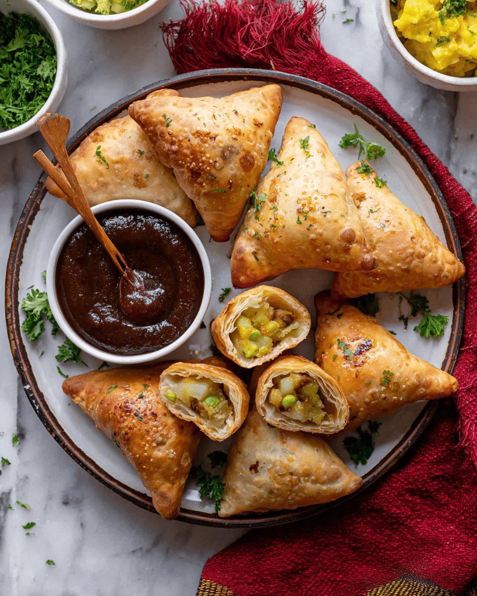 The image shows a white round plate with a dark brown rim, holding eight golden-brown triangular samosas with a slightly crispy and flaky outer layer. Two of the samosas are cut open, showing a yellowish filling inside with visible green peas and potato pieces, giving a soft and chunky texture. Next to the samosas on the plate is a small white bowl filled with thick dark brown chutney, with a wooden spoon resting inside it. The plate is garnished with small green herb pieces scattered on top, and fresh green parsley leaves placed on the side. The background is a white marbled surface with parts of white bowls containing greens and yellow food visible at the top. A red cloth with fringed edges is draped beside the plate. photo taken with an iphone --ar 4:5 --v 7