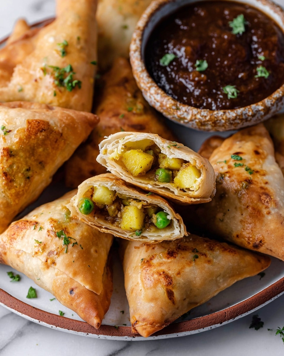The image shows golden-brown triangular samosas arranged on a white plate with a brown rim, placed on a white marbled surface. One samosa is cut open in the center, revealing a yellowish filling with chunks of potatoes and green peas, garnished with small green herbs. Next to the samosas is a rustic bowl filled with a thick, dark brown chutney. The samosas have a lightly crispy texture with some visible spots of browning and hints of chopped herbs on top. Photo taken with an iphone --ar 4:5 --v 7