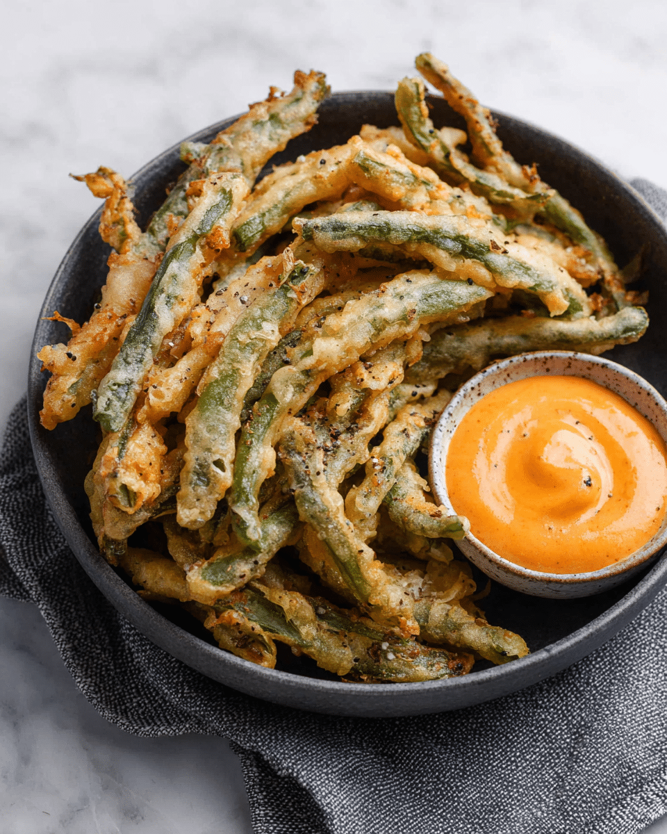 A dark bowl full of battered and fried green beans, showing a rough, crispy light golden batter with bits of green bean peeking through. The beans are piled unevenly, some crunchy edges browned more, and lightly sprinkled with black pepper. On the right side of the bowl, a small round dish holds a smooth, creamy orange dipping sauce with a swirl on top. The bowl sits on a white marbled surface with a textured grey cloth partially visible below. photo taken with an iphone --ar 4:5 --v 7