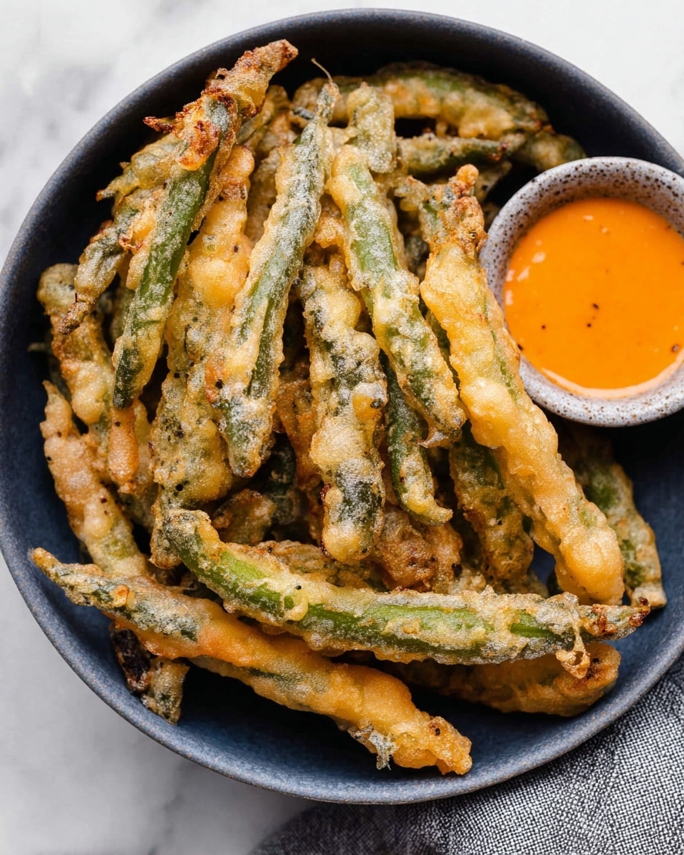 A dark blue bowl filled with several deep-fried green beans coated in a light, golden, crispy batter with some black pepper sprinkled on top, showing green beans peeking through the batter in places. On the right side inside the bowl, there is a small round dish with smooth, bright orange dipping sauce. The bowl is placed on a white marbled surface with a bit of grey cloth visible at the bottom right. photo taken with an iphone --ar 4:5 --v 7