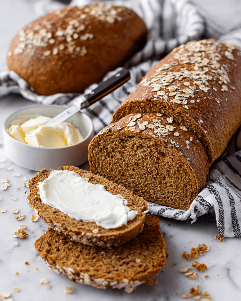 Two whole loaves of brown bread sprinkled with oats sit on a white marbled surface with a striped cloth in the background. Three thick slices are cut from one loaf and lay in front, showing the soft, airy texture inside. One slice is spread with a thick layer of white creamy butter. Next to the bread, a small white bowl holds more butter with a butter knife resting on its edge. Crumbs are scattered lightly around the bread, adding to the fresh, homemade feel. Photo taken with an iphone --ar 4:5 --v 7