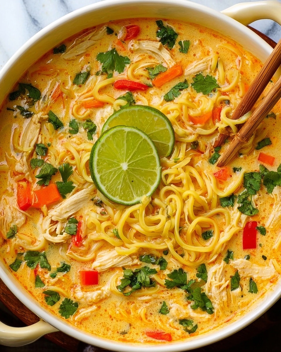 A close-up view of a white bowl filled with creamy orange soup layered with wavy yellow noodles, pieces of shredded white chicken, and small chunks of bright red bell pepper and orange carrot sticks. Fresh green cilantro leaves are scattered on top, along with two lime wedges sitting in the center. Light brown chopsticks are partially dipped in the soup on the right side. The bowl is set against a white marbled textured surface. photo taken with an iphone --ar 4:5 --v 7