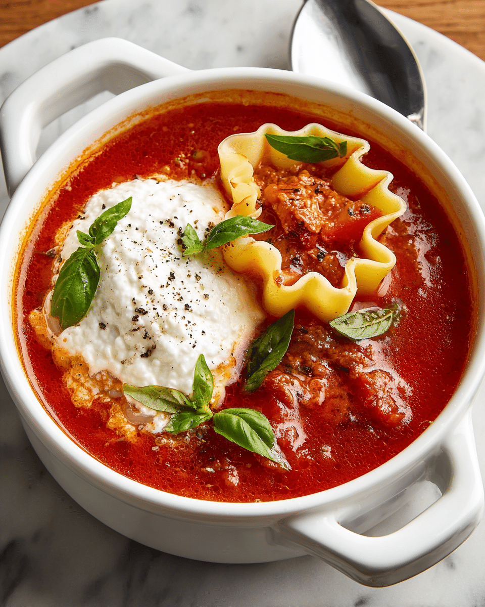 A white bowl with handles holds a rich red tomato soup with chunks of meat and vegetables visible in the liquid. On top, there is a thick dollop of creamy white ricotta cheese sprinkled with black pepper. Floating in the soup is a single wide lasagna noodle with ruffled edges, partially covered by fresh green basil leaves scattered around. The bowl sits on a white marbled surface with a silver spoon just beside it. Photo taken with an iphone --ar 4:5 --v 7