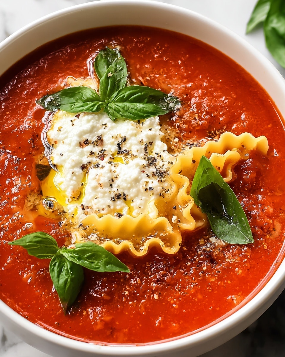 A close-up view of a bowl filled with vibrant red tomato soup showing a smooth and slightly chunky texture, topped on one side with a dollop of soft, crumbly white ricotta cheese drizzled with golden olive oil and sprinkled with black pepper. There is a single wavy-edged pasta strip partially submerged across the center, surrounded by bright green fresh basil leaves scattered on top. The bowl is white and the background is a white marbled surface. Photo taken with an iphone --ar 4:5 --v 7