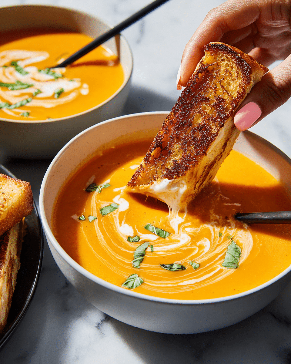 The image shows a bowl of creamy orange soup with light cream swirled on the surface, decorated with small green basil leaves scattered evenly on top. A grilled sandwich with a golden brown crispy texture is being dipped into the soup by a woman's hand with peach-colored nails. The soup bowl is white, and another similar bowl of soup is partially visible in the background on a white marbled surface. The lighting highlights the smooth texture of the soup and the crunchy details of the sandwich crust. photo taken with an iphone --ar 4:5 --v 7