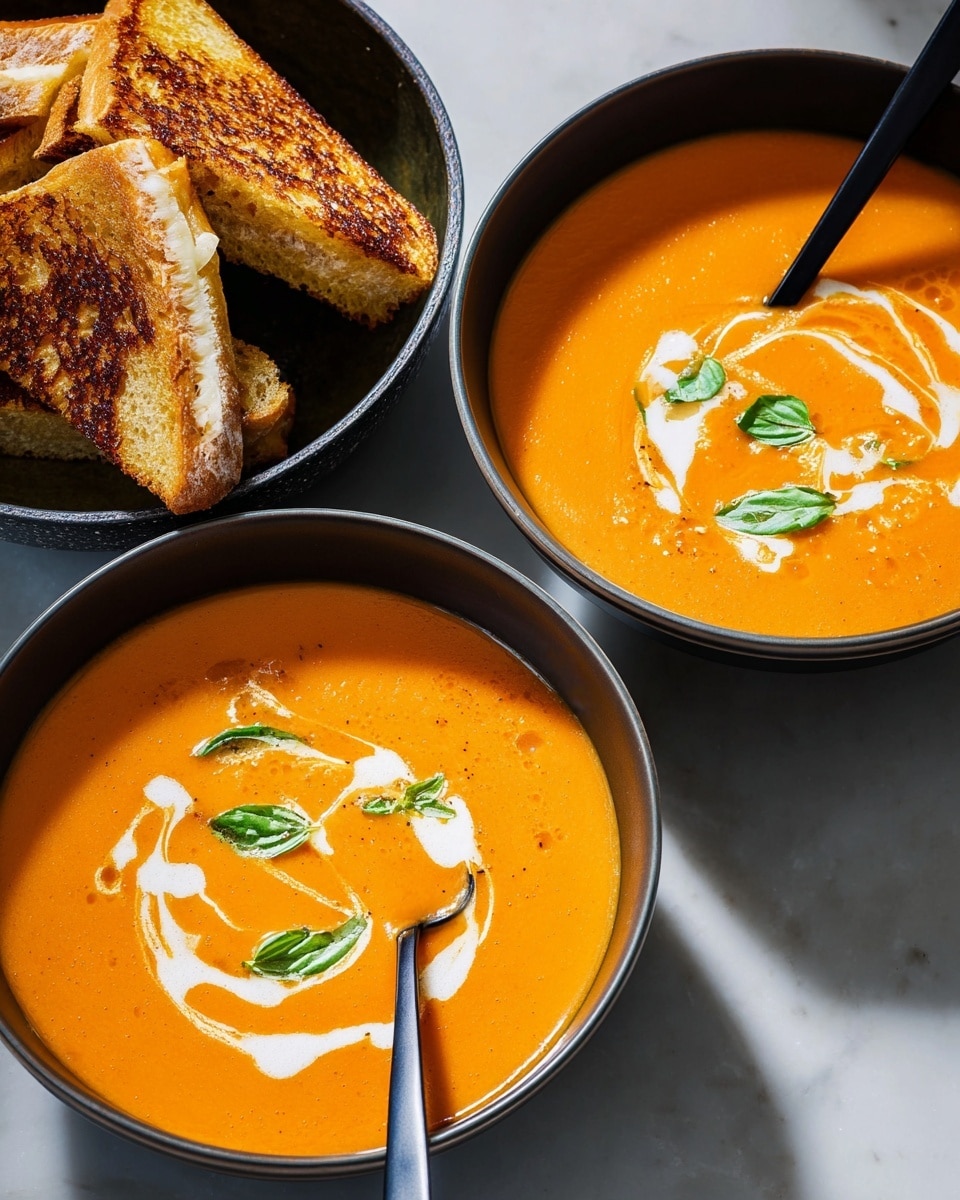 The image shows two dark bowls of smooth orange tomato soup, each topped with swirls of white cream and small green basil leaves. One bowl in the front has a black spoon resting inside the soup. Next to the soup bowls is another dark bowl filled with golden brown grilled cheese sandwich pieces, some showing melted cheese stretching from one piece. The bowls are placed on a white marbled texture, creating a clean, bright background. The lighting highlights the rich colors and creamy texture of the soup and the crispiness of the sandwiches. photo taken with an iphone --ar 4:5 --v 7