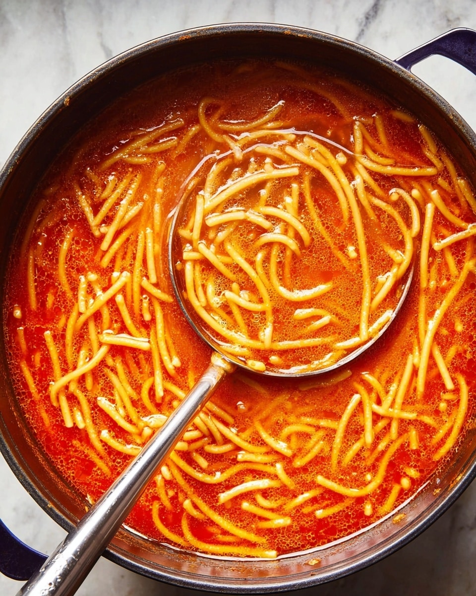 A close-up top view of a deep round black pot filled with thin yellow noodles fully mixed into a rich red-orange tomato soup with a smooth texture and some bubbles on the surface; a metal ladle is scooping some of the noodle soup in the center, showing the broth and noodles clearly. The pot sits on a white marbled surface. photo taken with an iphone --ar 4:5 --v 7