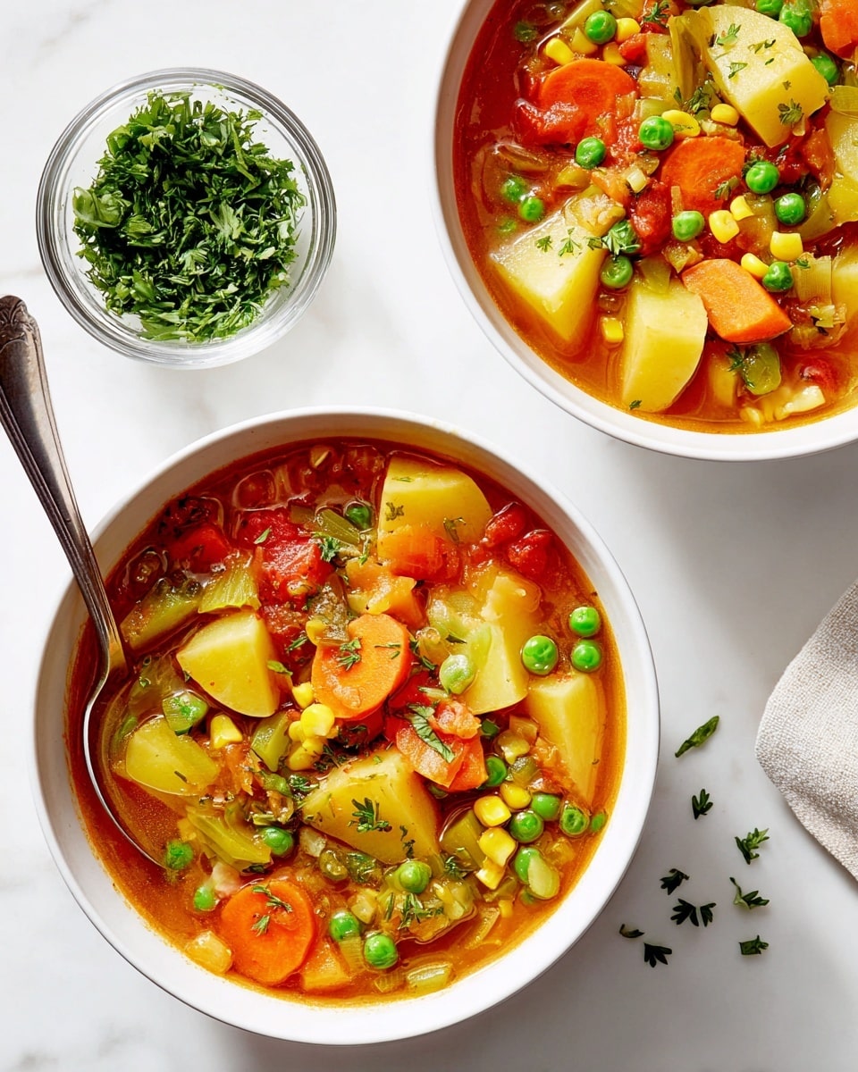 The image shows two white bowls of vegetable soup on a white marbled surface. The soup has several layers of colorful vegetables including large chunks of yellow potatoes, orange carrot slices, green peas, yellow corn kernels, and pieces of celery and tomato, all floating in a clear, reddish broth. The vegetables appear soft and cooked with fine herbs sprinkled on top. A spoon rests inside the bowl on the left, and to the right, there is a glass bowl filled with chopped green herbs. Some chopped herbs are scattered on the surface near the bowls. photo taken with an iphone --ar 4:5 --v 7