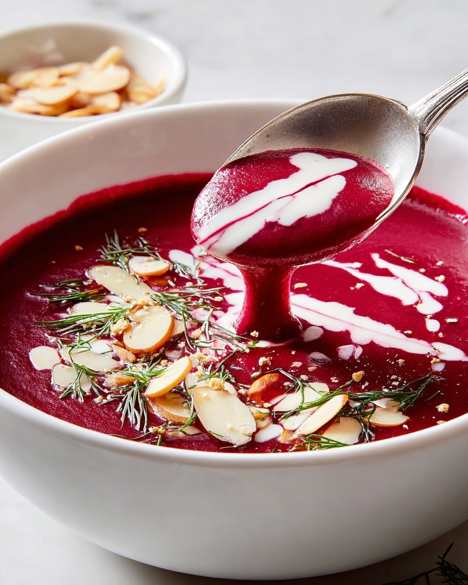 A deep white bowl filled with smooth, thick beet soup of bright red-purple color. The soup surface has a zigzag drizzle of creamy white sauce and is topped with scattered light brown almond slices and small green dill leaves. A shiny silver spoon lifts some of the rich soup with white sauce lines and dill on top, held above the bowl. In the background, a white bowl holds extra almond slices. All is set on a white marbled surface. photo taken with an iphone --ar 4:5 --v 7
