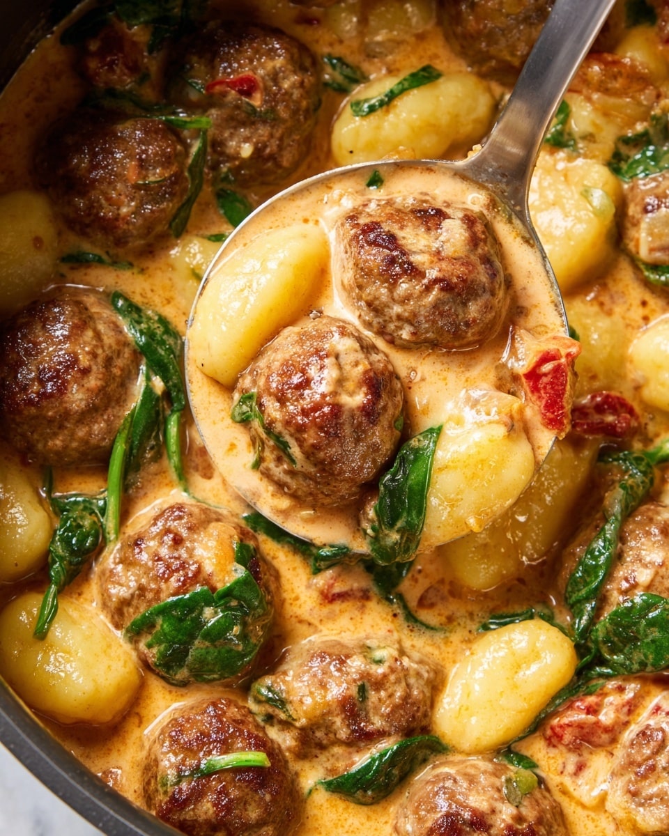 A close-up of a ladle scooping a creamy dish filled with golden brown meatballs and soft, plump gnocchi pieces that are pale yellow in color. The dish is thickly coated with a light orange sauce mixed with chunks of red tomato and vibrant green spinach leaves scattered throughout. The meatballs have a textured, browned outer layer, and the sauce glistens smoothly around them, creating a rich and hearty appearance. The background shows more meatballs and gnocchi fully covered in the creamy sauce, all set on a white marbled texture. photo taken with an iphone --ar 4:5 --v 7