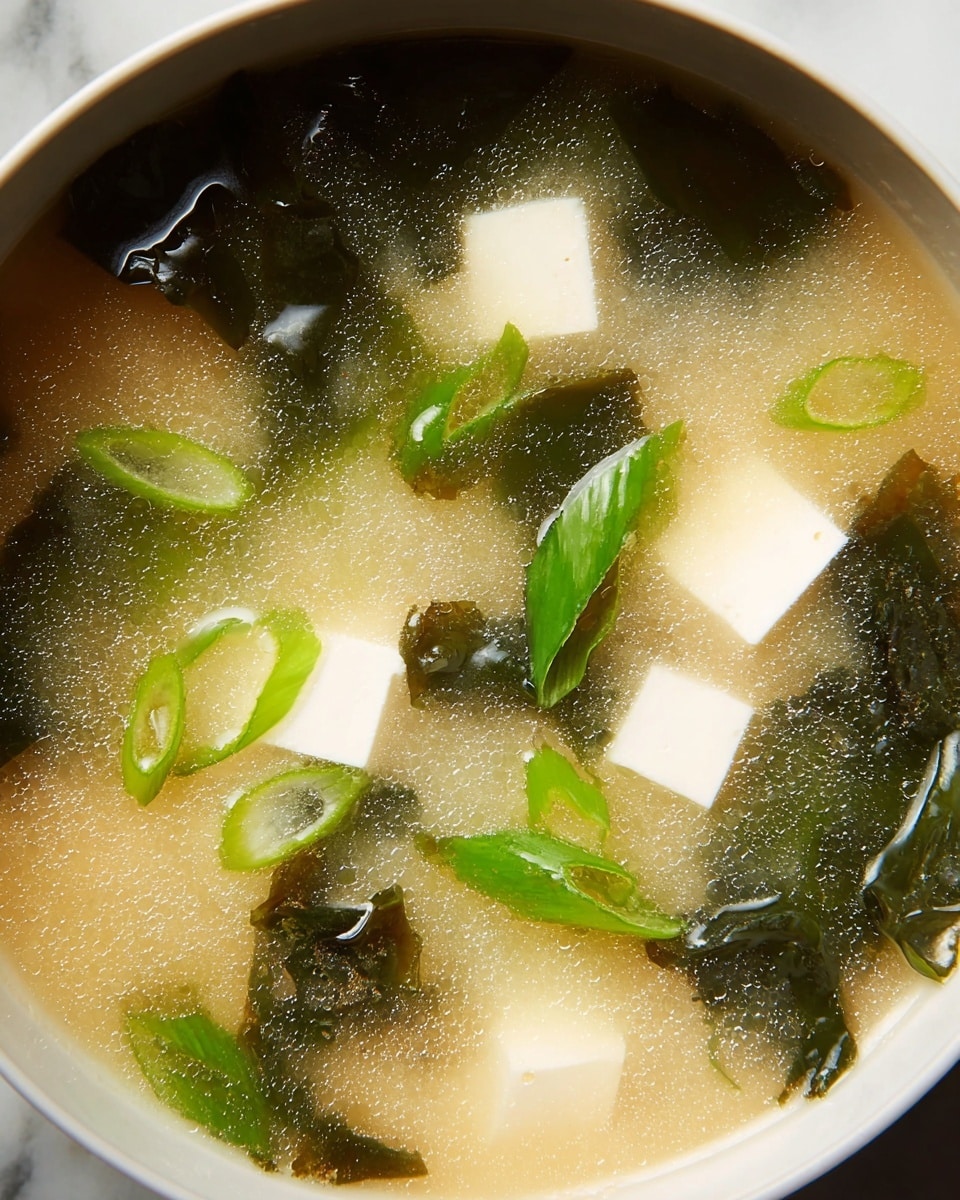 This close-up shows a bowl of clear miso soup with a light beige broth that has a slightly cloudy texture. Floating in the soup are several small white tofu cubes that have smooth edges and look soft. There are dark green seaweed pieces that have rough, uneven edges and a slightly wrinkled texture. Bright green sliced scallions, with a fresh and crisp look, are scattered on top, adding a pop of color. The soup is in a white bowl, sitting on a white marbled surface. photo taken with an iphone --ar 4:5 --v 7