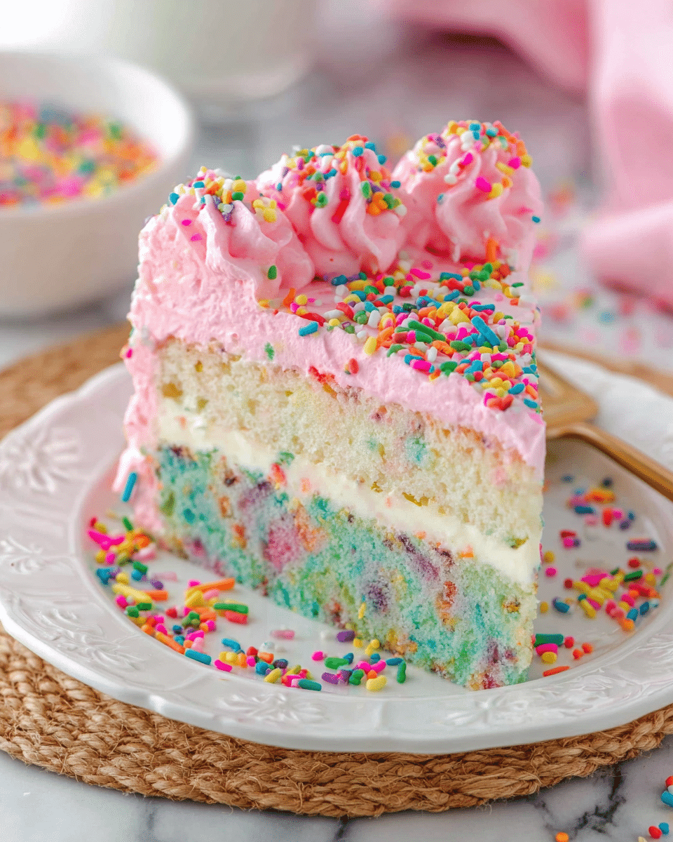 A single slice of cake sits on a white plate with a textured rim, placed on a white marbled surface. The cake slice has three visible layers: the bottom layer is a light blue sponge with scattered colorful sprinkles, the middle layer is creamy white with more colorful sprinkles mixed throughout, and the top layer is thick, fluffy pink frosting decorated with rounded dollops and topped with bright multicolored sprinkles. Some sprinkles are also scattered around the slice on the plate. In the background, a white bowl filled with rainbow sprinkles sits slightly out of focus. photo taken with an iphone --ar 4:5 --v 7