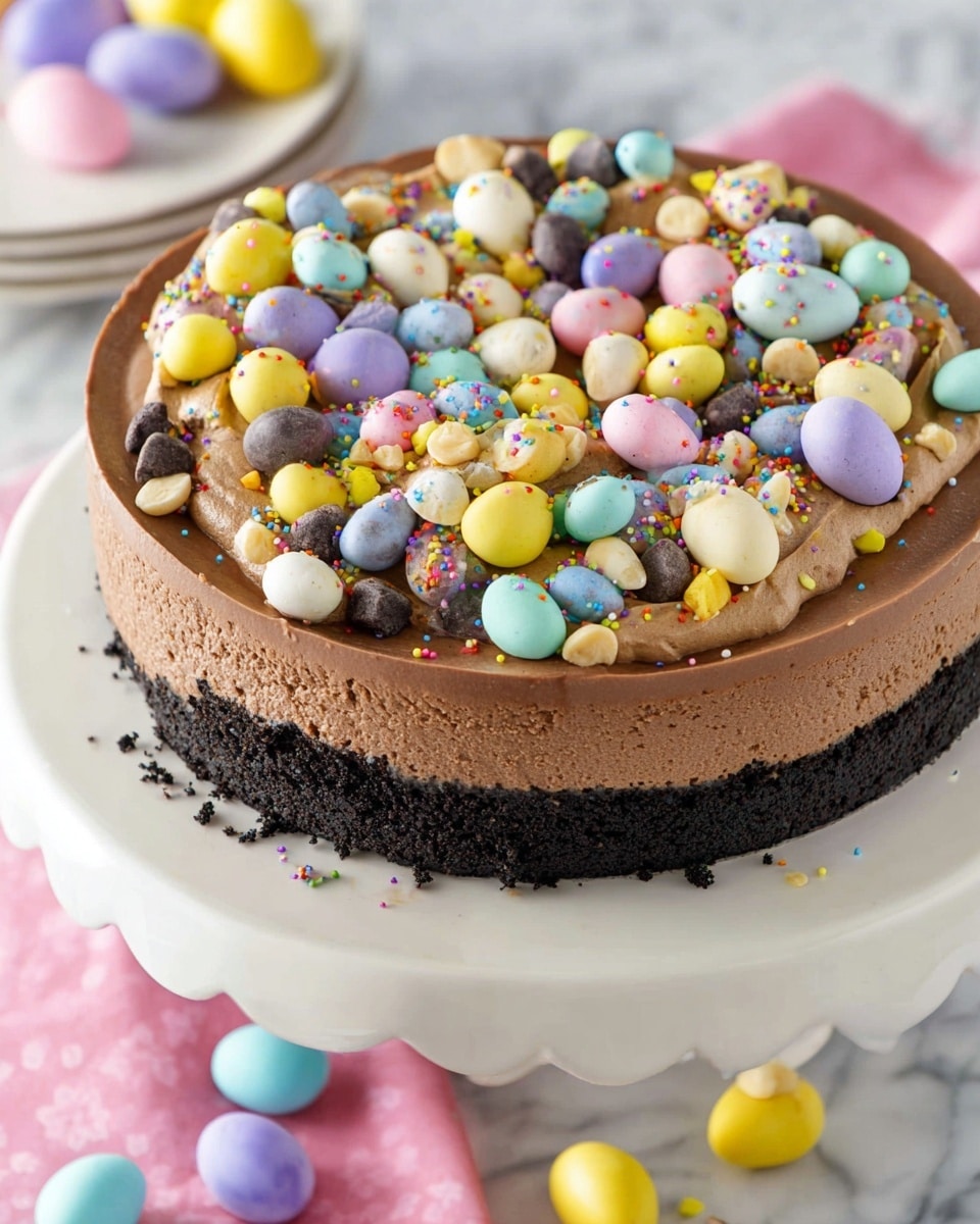 A slice of chocolate cheesecake with three visible layers sits on a white plate with decorative edges. The bottom layer is a dark, crumbly chocolate crust. Above it is a thick, dense chocolate cheesecake layer speckled with small colorful candy bits inside. The top layer is a smooth and creamy chocolate mousse, slightly lighter in color. On top of the mousse, there is a generous amount of crushed pastel-colored candy pieces including purple, pink, yellow, and blue, giving a textured and colorful look. Some candy pieces and small round sprinkles are scattered around the plate on a white marbled surface. Photo taken with an iphone --ar 4:5 --v 7