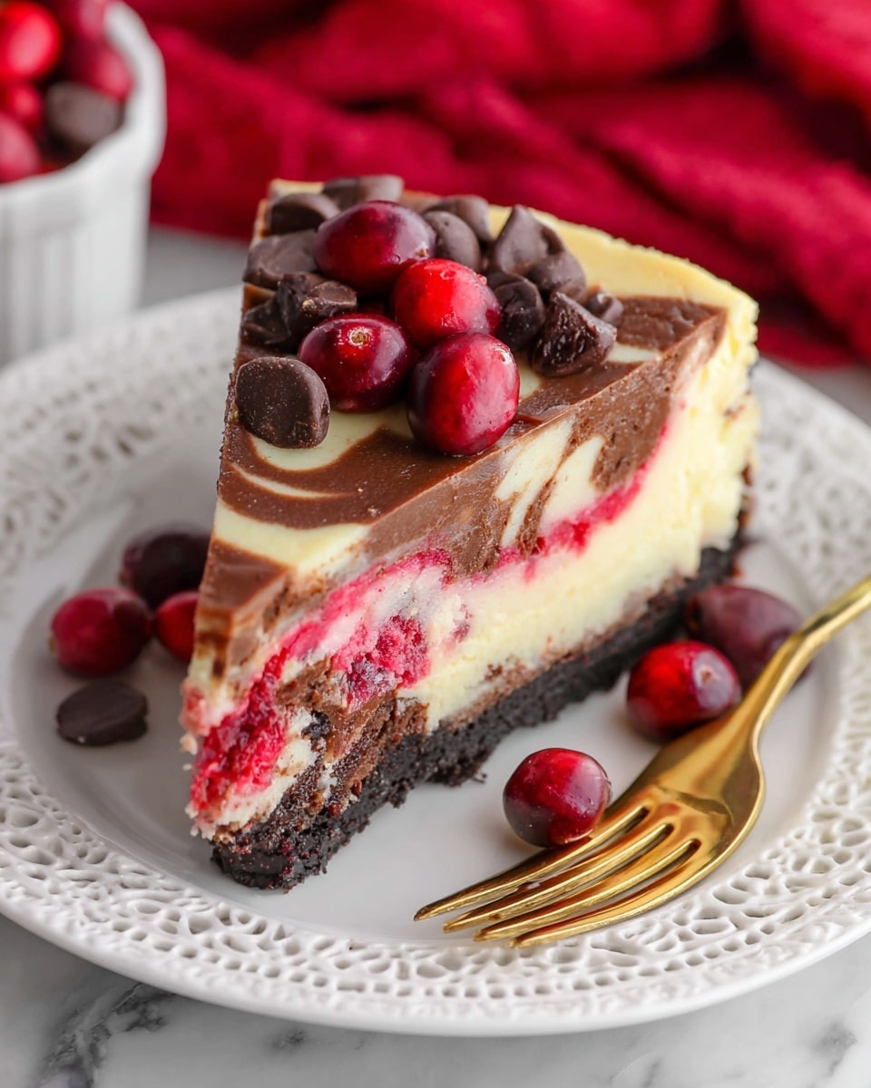 The image shows a round cheesecake with three clear layers on a white plate against a white marbled surface. The bottom layer is a thick dark brown crumbly crust. The middle layer is a smooth creamy pale yellow cheesecake. The top layer has swirls of deep red cranberry sauce mixed with dark brown chocolate, creating a marbled effect. Fresh red cranberries and scattered dark chocolate chips decorate the top edge of the cheesecake. Some chocolate shavings are sprinkled lightly over the top and around the plate. In the background, a white bowl with red cranberries and a stack of white plates are visible on a red cloth. photo taken with an iphone --ar 4:5 --v 7
