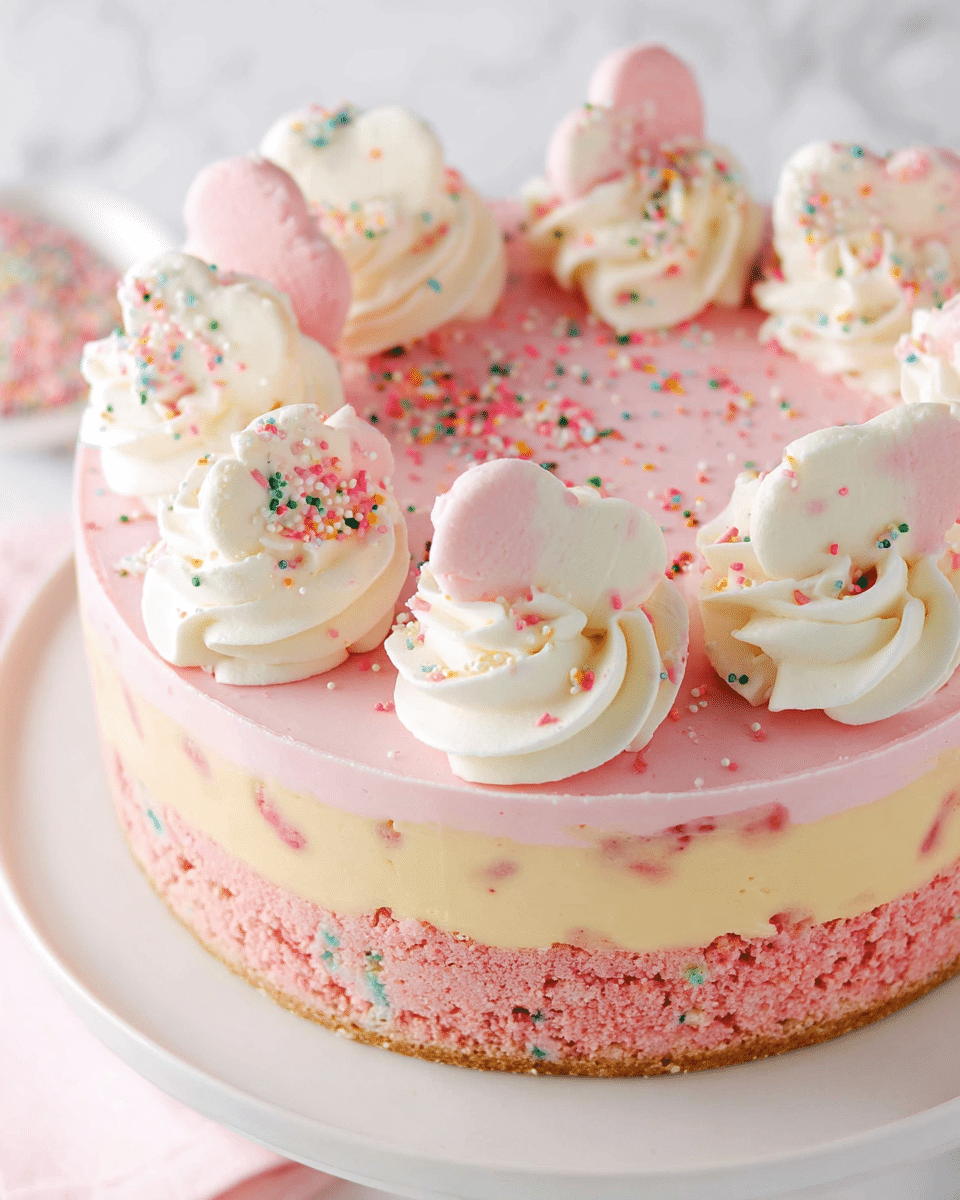 A slice of cake on a white plate with a crumbly pink base layer, followed by a thick creamy off-white cheesecake layer with hints of pink inside. The top layer is smooth light pink frosting sprinkled with colorful small round sprinkles. On top, there is a swirl of white whipped cream crowned with a pink cookie also decorated with colorful round sprinkles. The plate is on a white marbled texture surface with a silver fork nearby and blurred bowls in the background. Photo taken with an iphone --ar 4:5 --v 7