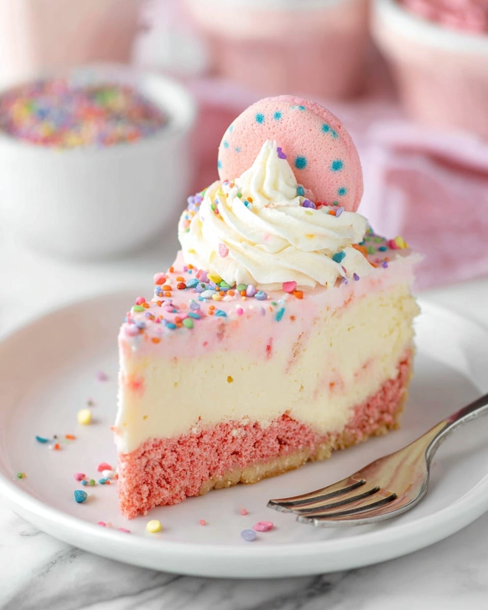 A round, three-layer cake sits on a white plate against a white marbled texture. The bottom layer is a pinkish crumbly crust with a slight sprinkle of colorful bits, topped by a thick, creamy yellow layer that has small pink flecks inside. The top layer is smooth light pink frosting sprinkled lightly with small, colorful round sprinkles. Around the edge, there are eight swirls of white whipped cream, each topped with a pink or white shaped cookie that also has tiny colored sprinkles. The surface has some subtle textured swirls in the pink frosting. Photo taken with an iphone --ar 4:5 --v 7