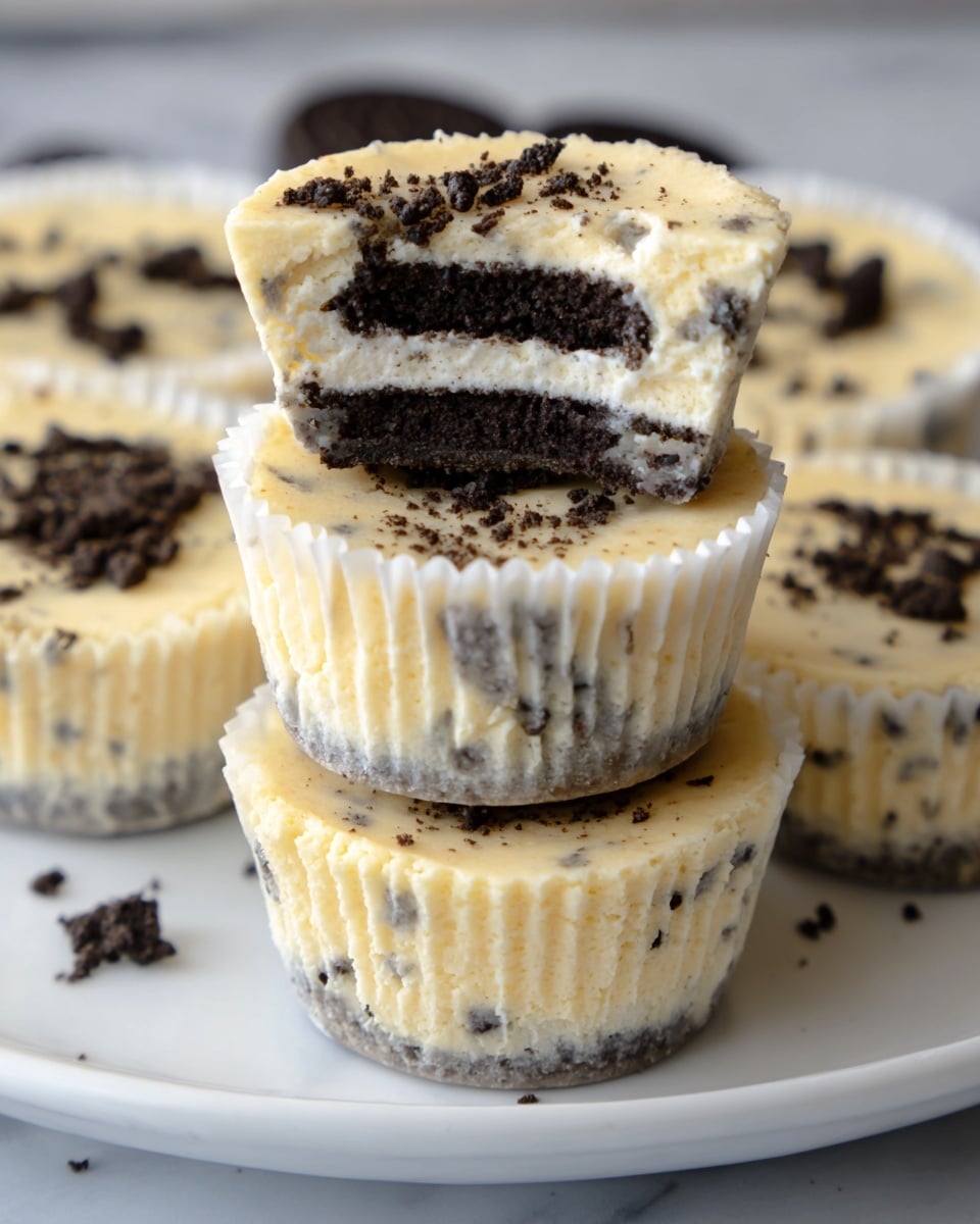 The image shows small cheesecake cups in white paper liners placed on a white plate with a white marbled background. Each cheesecake cup has a creamy, light yellow top layer speckled with small black cookie crumbs. Two cheesecake cups are stacked, revealing a middle layer of a whole Oreo cookie, showing its distinct dark brown cookies and white cream filling sandwiched between the soft cheesecake layers. The cheesecake looks smooth on top with a slightly crumbly texture around the edges. photo taken with an iphone --ar 4:5 --v 7