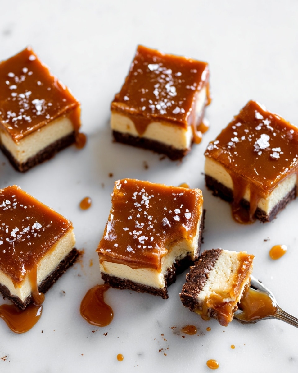 Five square pieces of dessert are laid out on a white marbled surface. Each piece has three layers: the bottom layer is a dark brown crust, the middle layer is a creamy light beige cake, and the top layer is covered with smooth, shiny caramel sauce sprinkled lightly with coarse salt. A small piece of the dessert is on a silver fork placed near the center, showing the inside texture of the cake and crust. The caramel drips slightly off the edges, adding a sticky, glossy look. Photo taken with an iphone --ar 4:5 --v 7