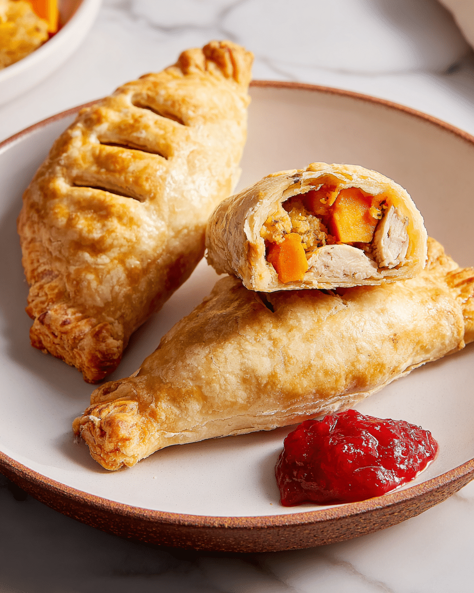 Two golden brown, flaky pastry-filled turnovers sit on a white plate with a rustic brown rim, placed on a white marbled surface. One turnover is whole with small slits on top, showing a crimped, textured edge, while the other is cut in half and stacked, revealing its filling of light beige cooked chicken pieces and bright orange chunks, likely sweet potatoes. Beside them, there is a small pile of vivid red sauce or chutney with a shiny, chunky texture. The photo is clear and well-lit, showing detailed layers of pastry and filling inside the turnovers. photo taken with an iphone --ar 4:5 --v 7