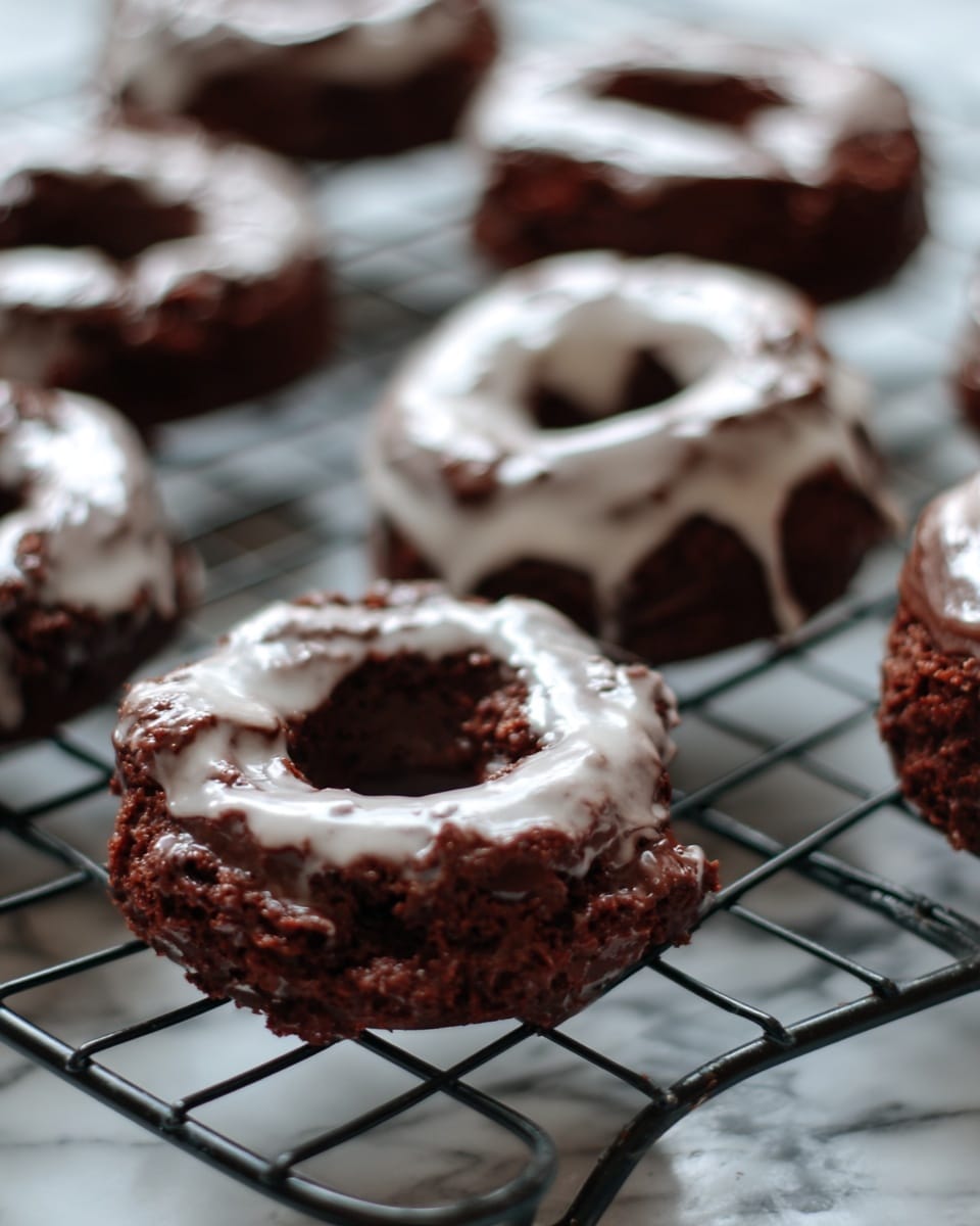 The image shows several chocolate glaze-covered cake doughnuts and one doughnut hole resting on a black wire cooling rack. Each doughnut has a thick, rough-textured chocolate dough base with an uneven, shiny white glaze lightly covering the top surface and dripping in some spots, giving a glossy contrast to the dark brown dough. The doughnuts and doughnut hole are arranged randomly on the rack, which sits on a white marbled texture surface blurred in the background. The focus is on the front doughnut, showing its dense, crumbly texture beneath the glaze. Photo taken with an iphone --ar 4:5 --v 7