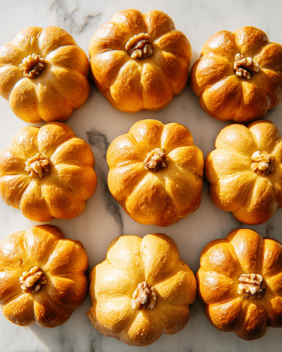 Nine small pumpkin-shaped breads with a golden-brown crust are placed closely together on a white marbled surface. Each bread has eight rounded segments forming the pumpkin shape, with a single walnut piece pressed into the center top of every bread. The breads vary slightly in size and texture but all have a shiny, soft-looking crust that shows gentle folds and cracks around the walnut center. The light softly highlights the warm tones of the breads, making them look fresh and inviting. photo taken with an iphone --ar 4:5 --v 7