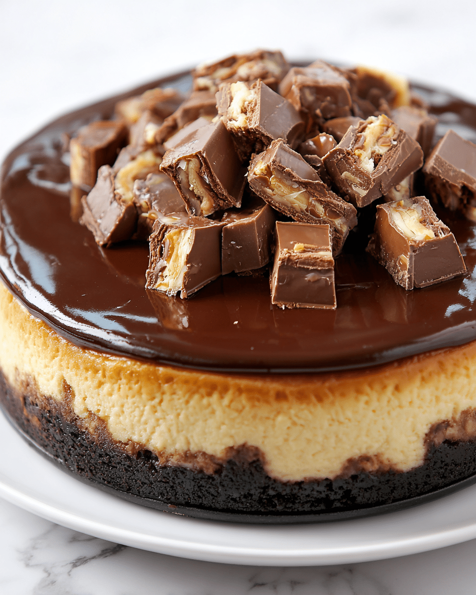 A thick cheesecake with a dark, crumbly base forms the bottom layer, topped by a creamy golden-brown cheesecake layer that has slightly risen edges. The top is coated with a smooth, shiny layer of dark chocolate ganache that pools gently within the crust edge. On top of the ganache, there is a pile of chopped chocolate candy pieces, showing creamy, caramel, and nutty layers inside, arranged in a small heap in the center. The cheesecake sits on a white plate over a white marbled surface. Photo taken with an iphone --ar 4:5 --v 7