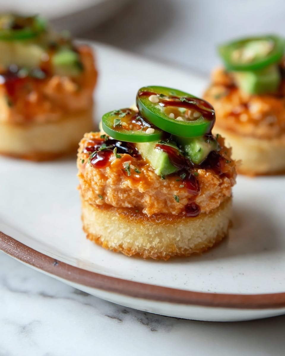 A small appetizer with three visible layers sits on a white plate with a thin brown edge on a white marbled surface. The bottom layer is a round, light golden crispy base with a crunchy texture. On top of it is a thick, rough-textured mound of creamy orange mixture with hints of green herbs. The top layer features two slices of green jalapeño and avocado, with a dark glossy sauce drizzled lightly over it, shining and dripping down the sides. The image focuses closely on one piece, with two more blurred in the background. Photo taken with an iphone --ar 4:5 --v 7