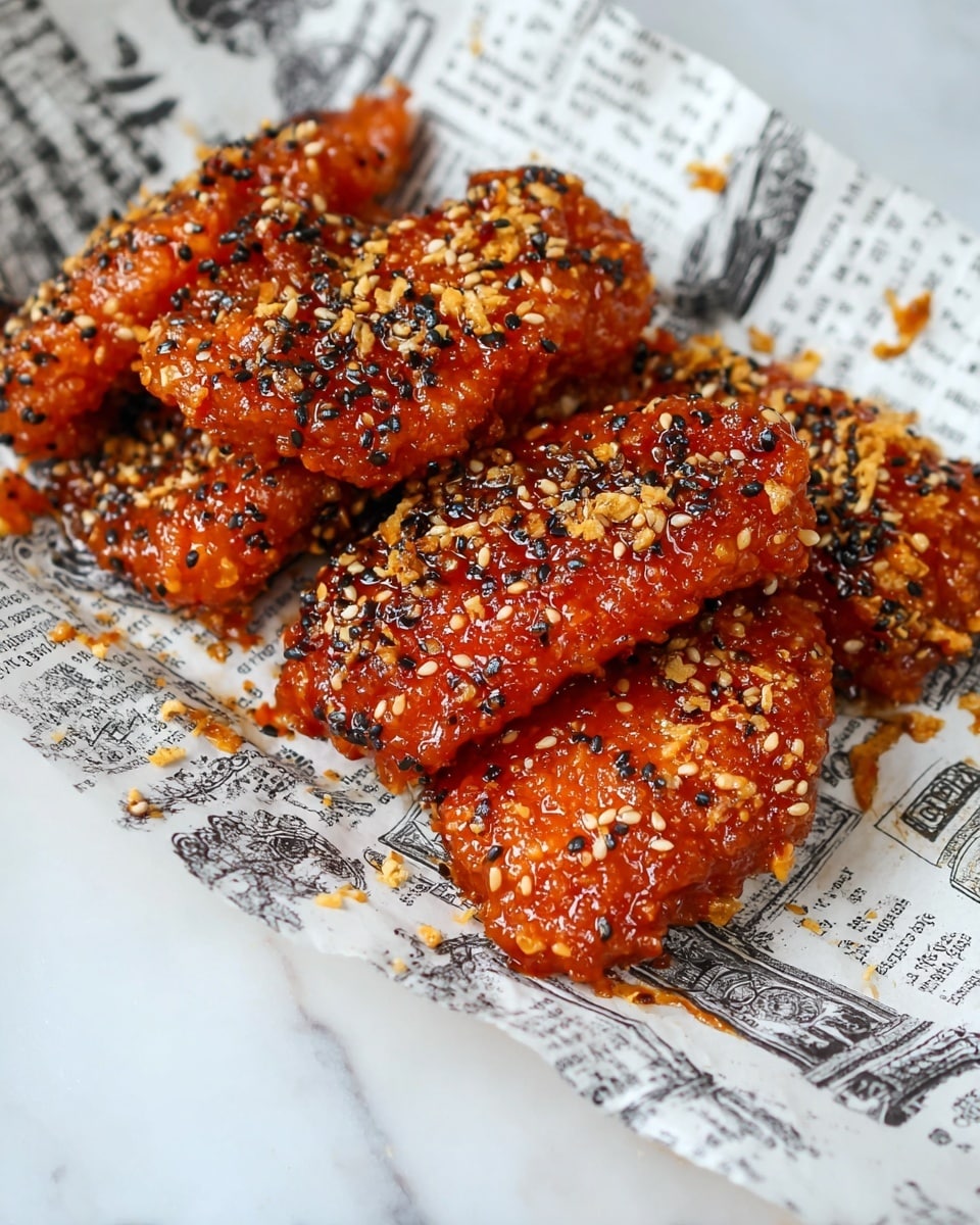 The image shows five rectangular pieces of crispy fried food, coated in a shiny, sticky reddish-orange sauce. Each piece is covered with a mix of small black and white sesame seeds, with some yellowish crushed bits scattered on top. The food rests on a piece of paper printed with black text and illustrations, resembling a newspaper, placed on a white marbled surface. The texture of the outside looks crunchy and glossy from the sauce, and the pieces are closely arranged in a slightly piled stack. photo taken with an iphone --ar 4:5 --v 7
