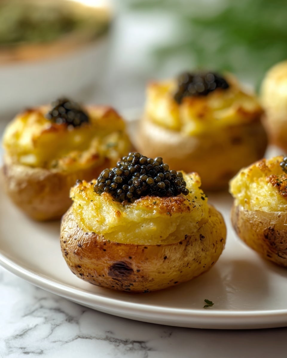 The image shows a white plate with five small round baked potatoes, each with a golden-yellow crispy mashed potato topping. The potato skins are light brown with some dark spots and a slightly wrinkled texture. The potato in the front center has an additional layer of shiny black caviar piled on top of the mashed potato, creating a small mound. The background is softly blurred with hints of green and white, and the plate rests on a white marbled surface. Photo taken with an iphone --ar 4:5 --v 7