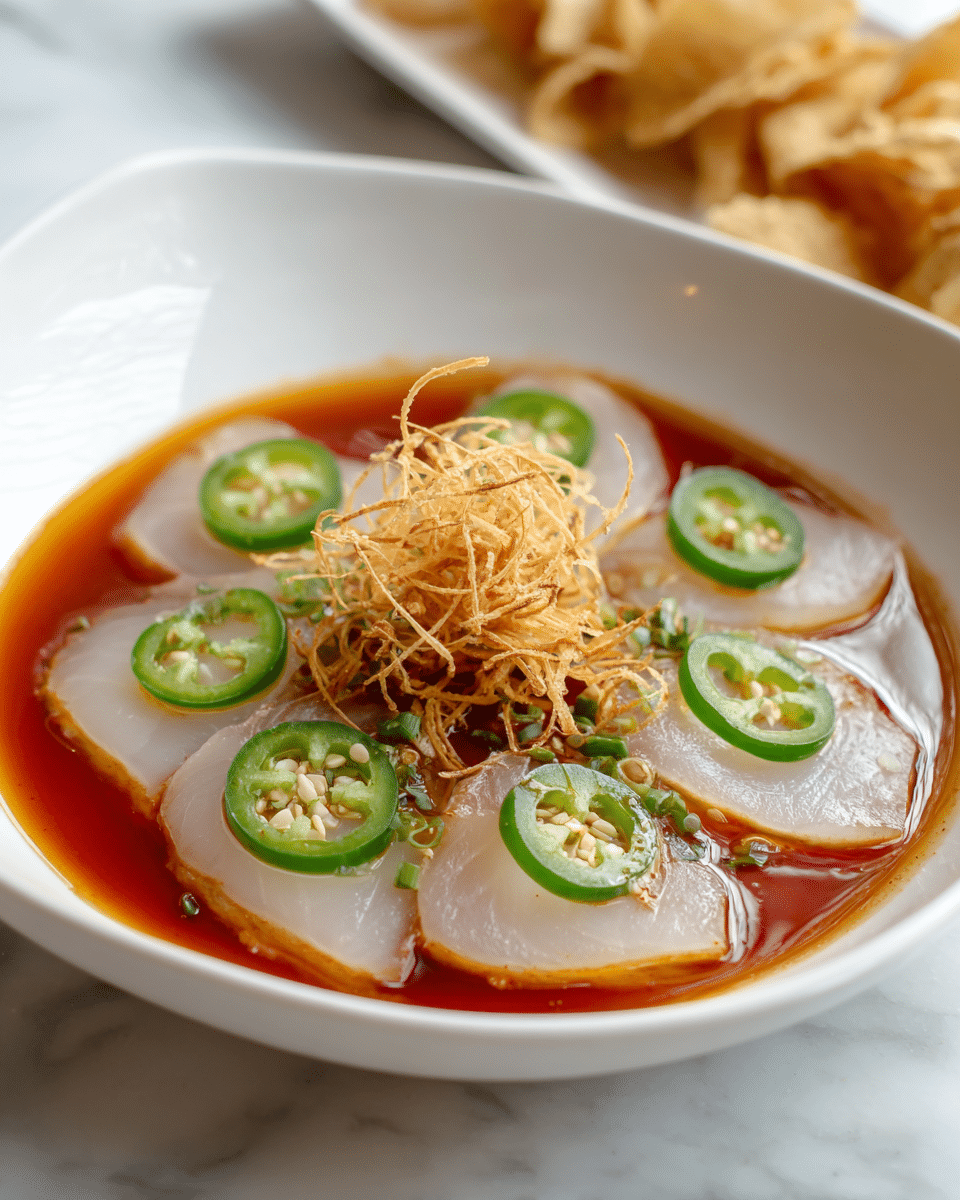 A white bowl holds five thin, translucent slices of raw fish arranged in a ring around the edge. Each fish slice is topped with a bright green slice of jalapeño pepper. The bowl contains a reddish-brown sauce that pools around the fish, covering the bottom. In the center of the bowl is a small nest of thin, crispy, golden-brown fried strips, adding texture contrast to the soft fish. The bowl sits on a white marbled surface, and a blurred plate with more fried strips is visible in the background. Photo taken with an iphone --ar 4:5 --v 7