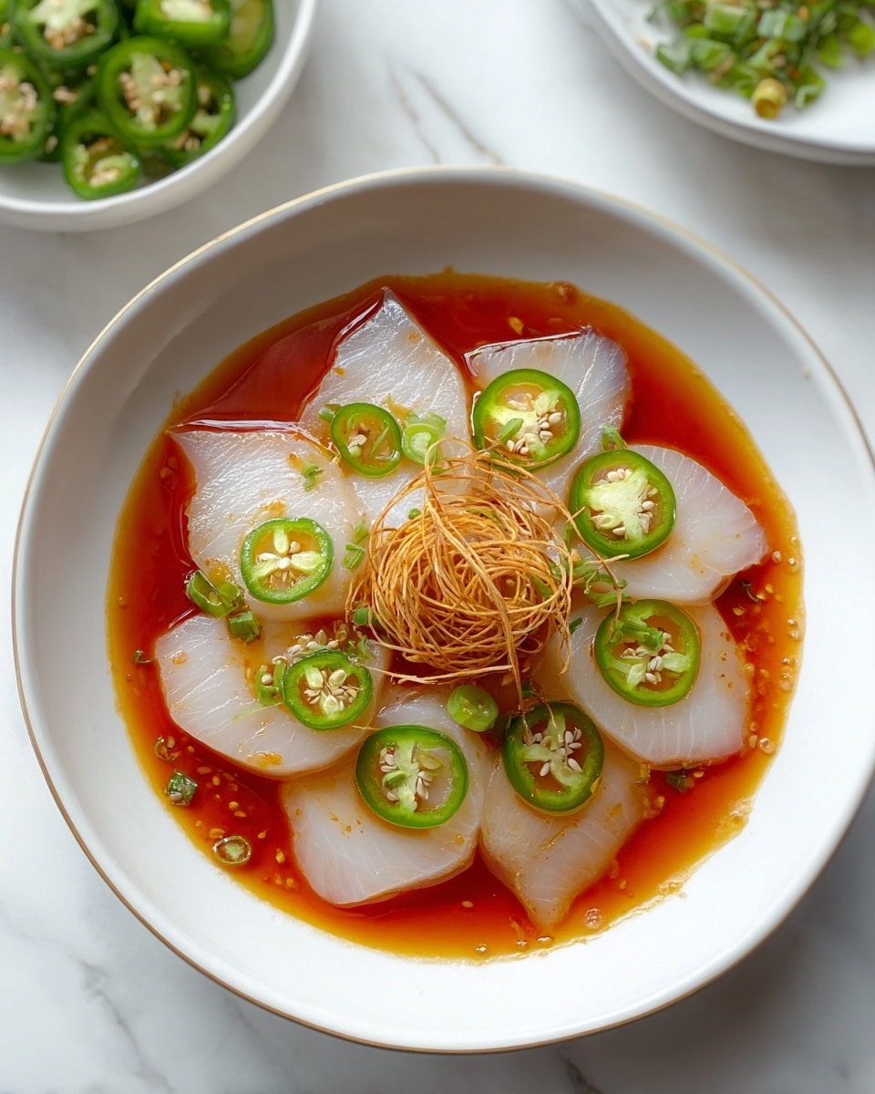 The dish features six pieces of pale, translucent fish slices arranged like petals in a white bowl, each topped with a bright green jalapeño slice showing seeds inside. These fish pieces float in a rich, reddish-orange sauce that fills the bowl’s base. In the center, there is a small nest of thin, spiral-shaped, golden-brown fried strands adding texture contrast. The bowl is set on a white marbled surface, with another white bowl partially visible in the background holding some more jalapeño slices. Photo taken with an iphone --ar 4:5 --v 7