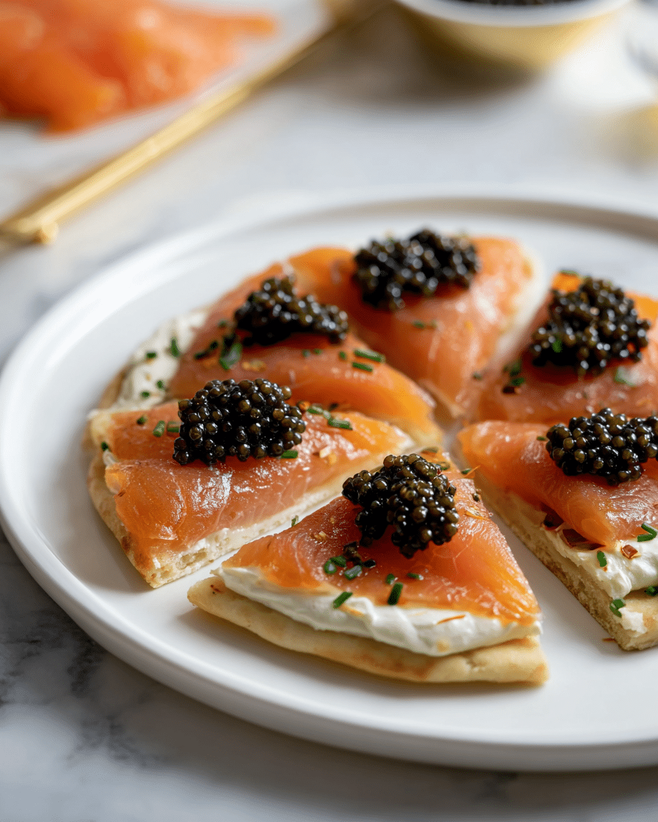 A white plate holds a flatbread cut into four slices, each slice layered with a light golden crust base, a creamy white spread on top, and a layer of smooth, shiny orange smoked salmon. On the salmon, there are small dark green to black caviar mounds, glossy and round, placed near the center of each slice. The fish is thinly sliced and slightly silky in texture, while the caviar adds a glistening, bumpy contrast. Small green chive pieces are scattered lightly over the dish. The plate sits on a white marbled surface, with some blurred background elements including a piece of orange salmon and a bowl. photo taken with an iphone --ar 4:5 --v 7