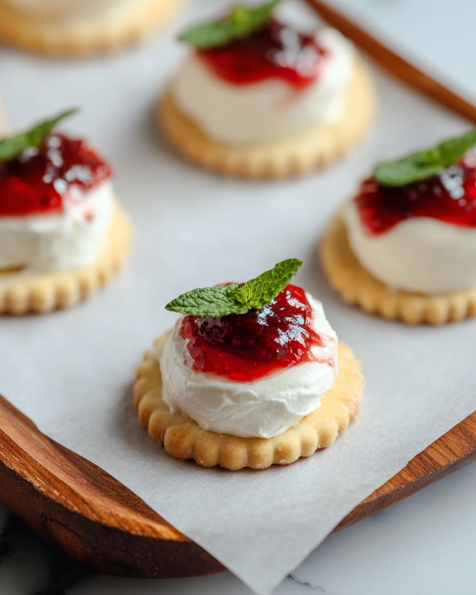 The image shows small round crackers as the base layer, each with a smooth, pale golden color and a slightly scalloped edge. On top of each cracker is a thick, smooth white cream layer with a soft, fluffy texture. This cream is topped with a small drizzle of bright red berry sauce, slightly glossy and uneven, adding a pop of color. A single green mint leaf, textured with delicate veins and a natural shine, sits on top of the sauce finishing the look. The crackers are arranged on white parchment paper set over a wooden tray that rests on a white marbled surface. photo taken with an iphone --ar 4:5 --v 7