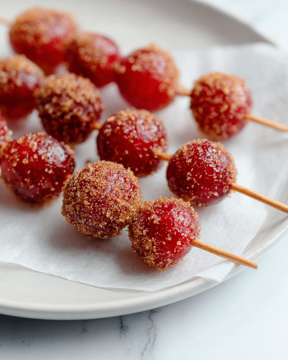 The image shows a close-up view of strawberry skewers with six bright red strawberries on each skewer. Each strawberry is coated with a shiny, thin layer of clear caramel, giving a glossy texture, and sprinkled generously with coarse brown sugar, adding a rough, grainy texture. The skewers are made of light wooden sticks that pierce through the strawberries horizontally. They are placed on a white parchment paper lining a white plate with a smooth, slightly curved rim, set against a white marbled surface. The lighting highlights the glossy caramel and crystalline sugar textures clearly. photo taken with an iphone --ar 4:5 --v 7
