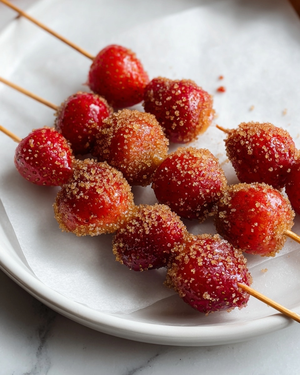 The image shows several small red berries on wooden skewers arranged on a white plate with a parchment paper lining. Each skewer holds three glossy, round berries covered with a light brown crumbly coating that looks like sugar or spice powder. The berries are placed close to each other, with the focus on the front skewer showing the texture clearly, while the background has more skewers softly blurred. The plate sits on a white marbled surface, giving a clean and bright look. photo taken with an iphone --ar 4:5 --v 7