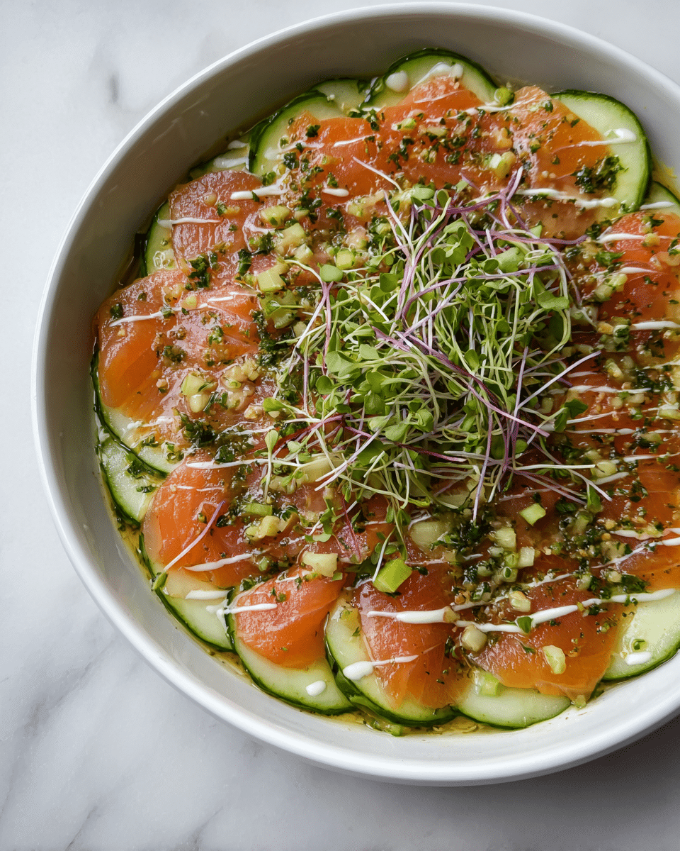 A white bowl holds a fresh layered dish starting with thinly sliced cucumber rounds forming the bottom layer with a green and watery texture. On top are rich orange slices of raw salmon arranged in a circular pattern, glistening with a light dressing. The salmon is sprinkled with finely chopped herbs and small bits of onion, adding green and purple specks on the surface. Thin white lines of creamy sauce are drizzled over the salmon, and small green sprouts are scattered on top, giving a fresh and lively look. The bowl is set on a white marbled surface. photo taken with an iphone --ar 4:5 --v 7