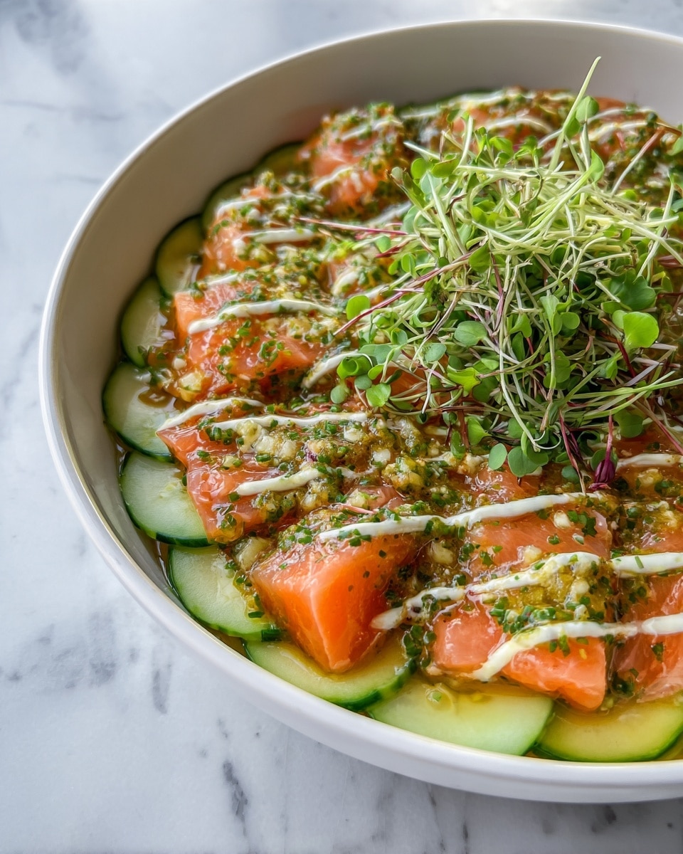 The dish is served in a white bowl with a base layer of thin, green cucumber slices arranged neatly in a circle. On top of this lies a layer of vibrant orange salmon pieces, cut into triangular chunks and laid out evenly. The salmon is covered with a mix of finely chopped herbs and onions, all glistening with a light, oily sauce. White cream or dressing is drizzled in thin lines across the top, adding a smooth texture. Fresh green sprouts are scattered over, giving the dish a fresh and lively look. The whole bowl rests on a white marbled surface. photo taken with an iphone --ar 4:5 --v 7