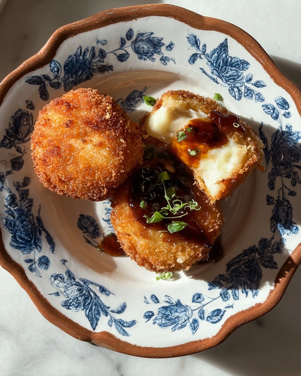 Three small round fried croquettes with a crispy golden brown exterior are placed on a white plate with blue floral patterns and a red rim. Each croquette has a thick dark brown sauce dollop on top, sprinkled with tiny green chives and coarse salt flakes. The plate sits on a white marbled surface, and the croquettes are arranged with some space between them, showing the detailed texture of the fried crust. photo taken with an iphone --ar 4:5 --v 7